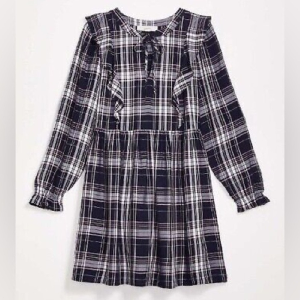 Loft Plaid Ruffle Swing Dress in Blue Multi 3/4 Sleeves NWT
